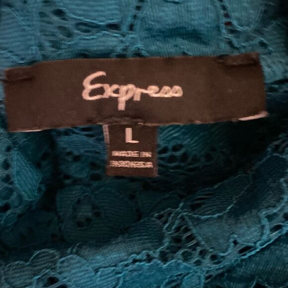 Express Sheer Lace Teal Blouse Short Sleeve Womens Size Large Stretchy High Neck - Picture 4 of 6
